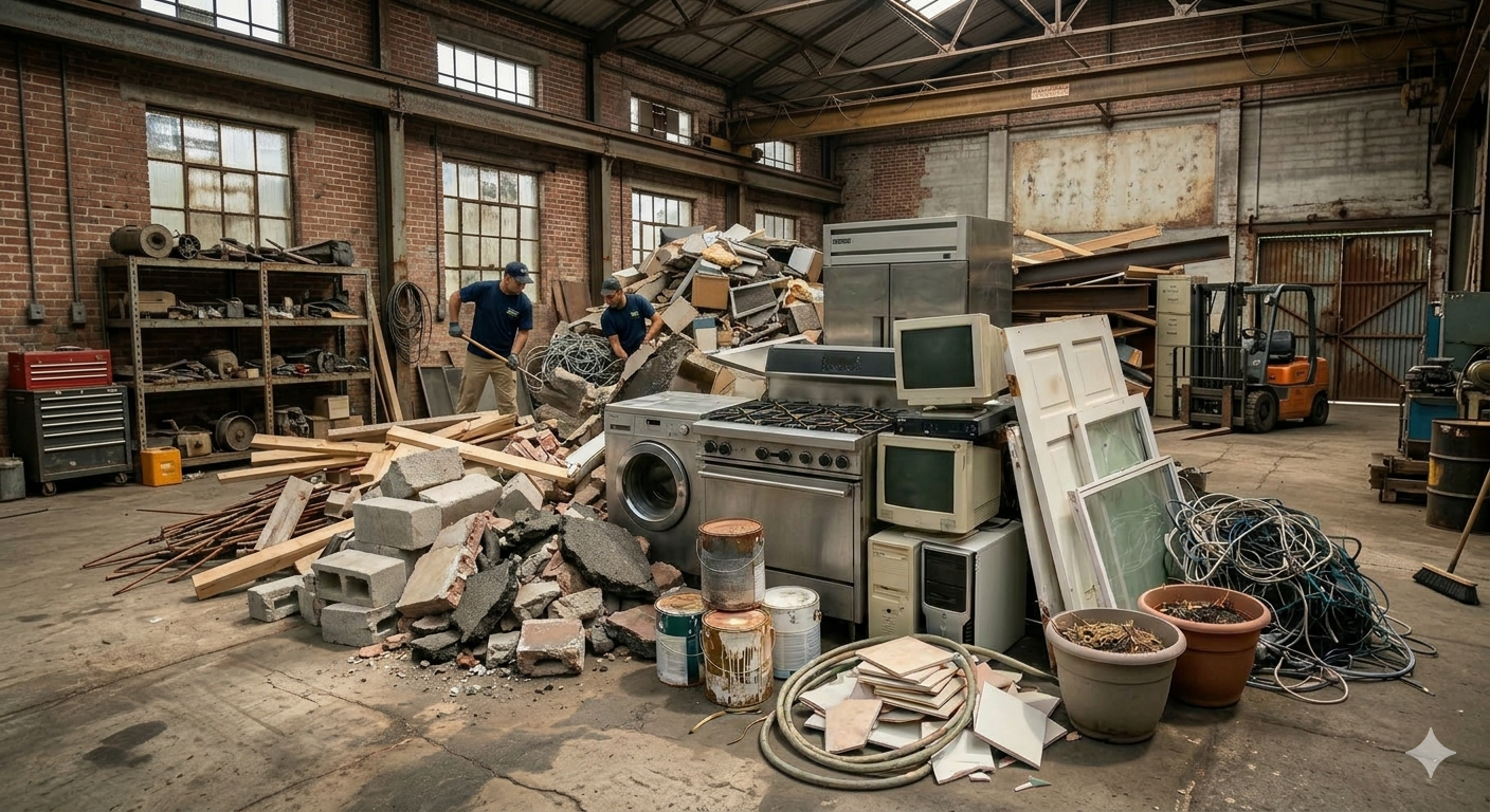 Large pile of junk, appliances and debris ready for removal