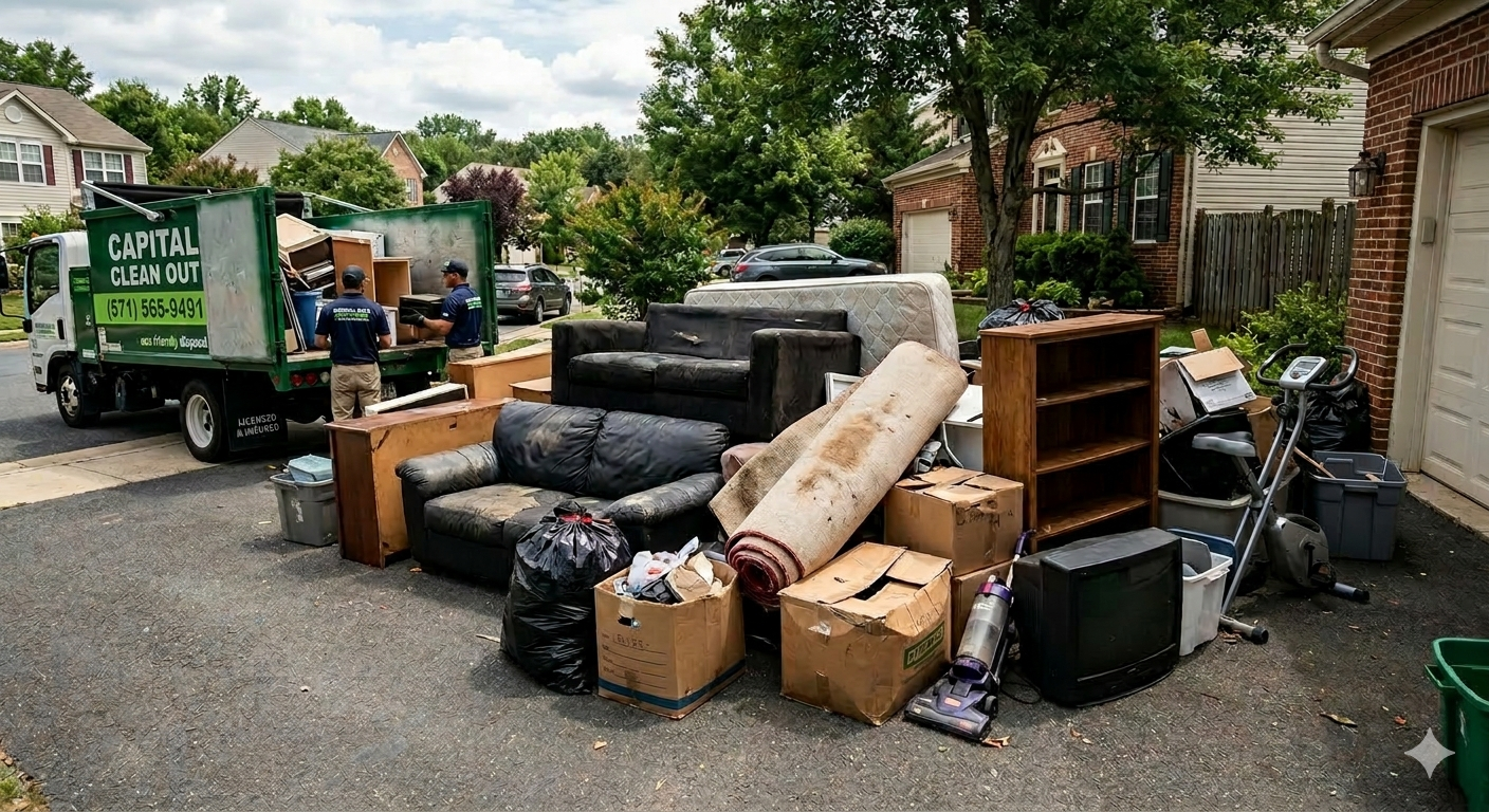 Capital Clean Out truck and crew removing furniture from a residential property